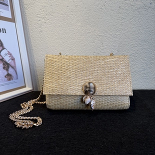 出口欧美外贸纯原单女包百搭草编织贝壳链条斜挎包手提包小方包