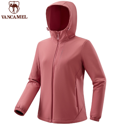西域骆驼户外软壳衣女秋季防风防泼水加绒连帽徒步夹克外套登山服