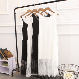 2018春夏新款 打底网纱裙女 莫代尔拼接蕾丝裙宽松弹力公主裙中长款