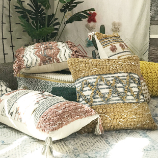 沙发客厅靠垫 摩洛哥立体手工编织印度进口腰枕长枕礼物装 修软装