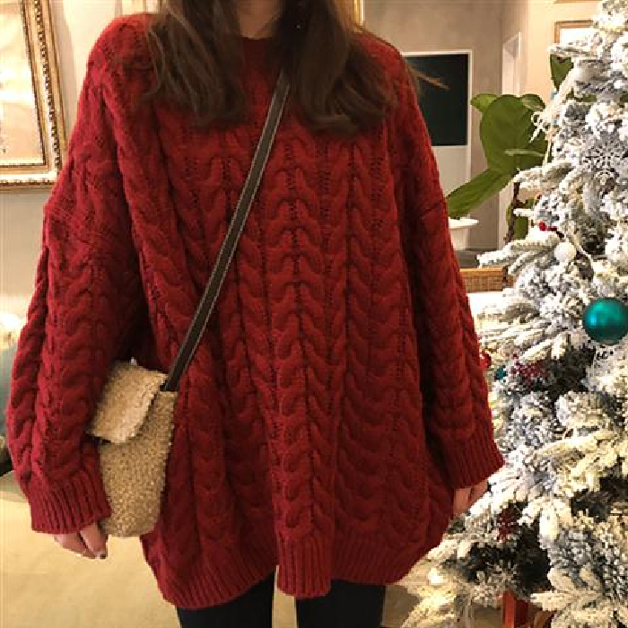 Retro thick wool new lazy style Pullover loose twist red sweater
