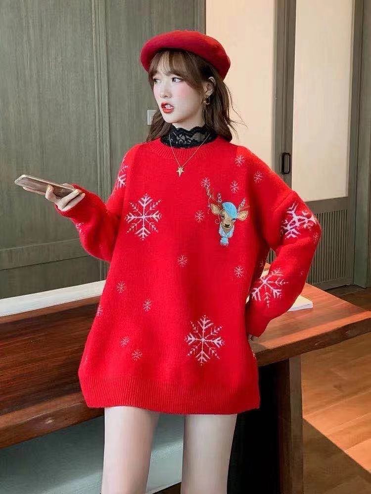 Core spun yarn new style Christmas fawn embroidery wear Snowflake Sweater women's Korean loose and thickened top