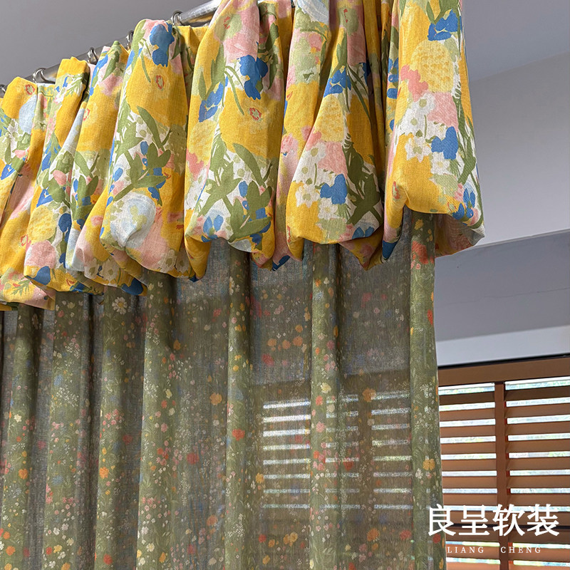 花甸 棉麻窗纱数码印花透光不透人法式奶油客厅中古美式田园风格