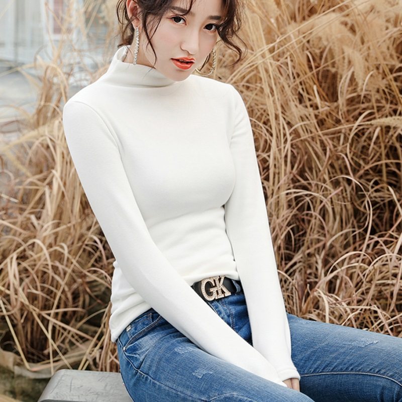 韩版新款白色高领打底衫女纯棉长袖修身德绒体恤内搭黑色T恤上衣
