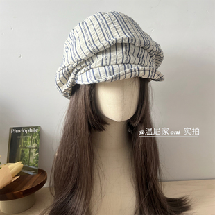 大头围bi入~日系设计师款云朵报童帽女复古条纹褶皱八角帽堆堆帽