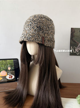 韩代款~宝藏帽子！ins混色手工编织撞色毛线渔夫帽女冬显脸小盆帽