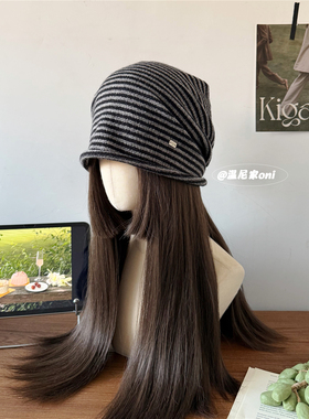 慵懒风~韩系条纹堆堆帽子女秋冬百搭大头围显脸小护耳包头冷帽潮
