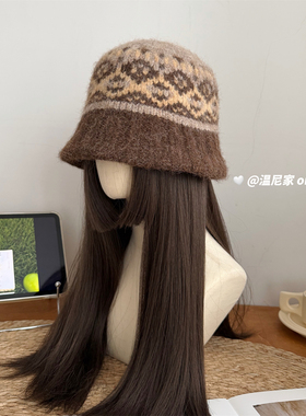 配色hin美~秋冬复古花纹费尔岛针织渔夫帽女冬保暖显脸小毛线盆帽