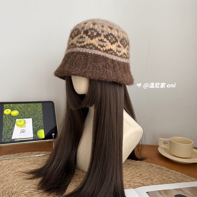 配色hin美~秋冬复古花纹费尔岛针织渔夫帽女冬保暖显脸小毛线盆帽