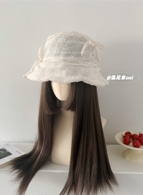 温柔韩系风~夏季薄款白色褶皱泡泡纱蝴蝶结渔夫帽女显脸小盆帽潮
