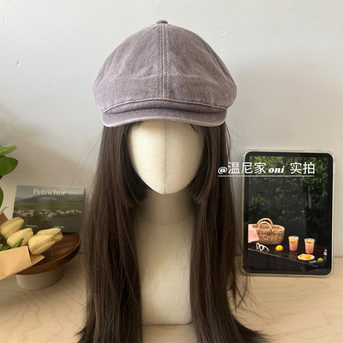 怀旧风~复古水洗棉紫色鸭舌前进帽女秋新款大头围报童贝雷画家帽
