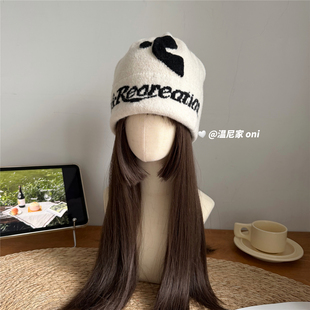 韩国单~小众字母双层加厚羊毛针织帽女冬情侣保暖显脸小毛线冷帽
