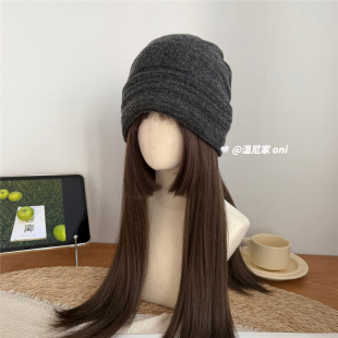 巨好戴~羊毛翻边褶皱宽松包头冷帽女冬显脸小纯色护耳针织堆堆帽