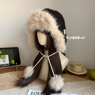 博主款~韩系冬季加绒加厚毛毛护耳雷锋帽女冬保暖东北滑雪帽潮