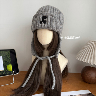 韩系出片！简约刺绣护耳针织飞行帽女冬保暖系带可爱毛线雷锋帽潮