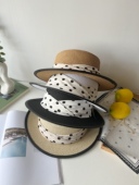 波点织带平顶包边草帽女夏季 法式 浪漫～时尚 海边沙滩拍照小礼帽潮