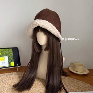 双面戴~韩系麂皮绒绑带渔夫帽女冬保暖羊羔毛防风骑行护耳盆帽潮