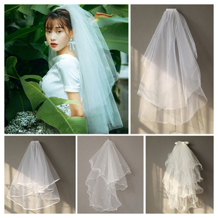 新娘婚纱头纱白色超仙森系黑色拍照道具网红抖音同款简约短款头饰