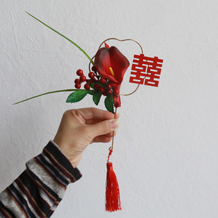 新中式古风婚纱摄影拍照道具新娘手持迷你花艺小扇子花形喜字扇架