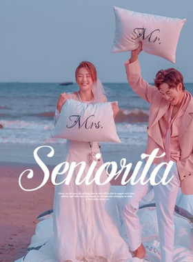 MR.MRS英文字母枕头 婚纱海边慵懒风沙滩拍照道具白色被子充气床