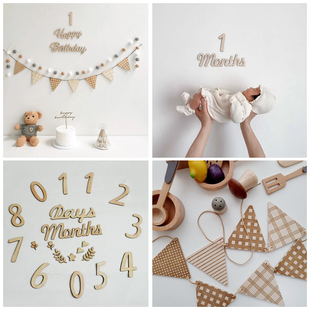 百天周天宝宝生日宴装饰道具儿童摄影拍照道具仿真蛋糕三角挂旗