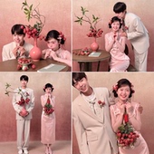 粉色新中式 旗袍婚纱照主题拍照道具仿真荔枝花瓶桌面摆件高脚盘