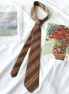 MIMI复古三色卡其咖色条纹领带女棉麻文艺学生手打款休闲百搭痞帅