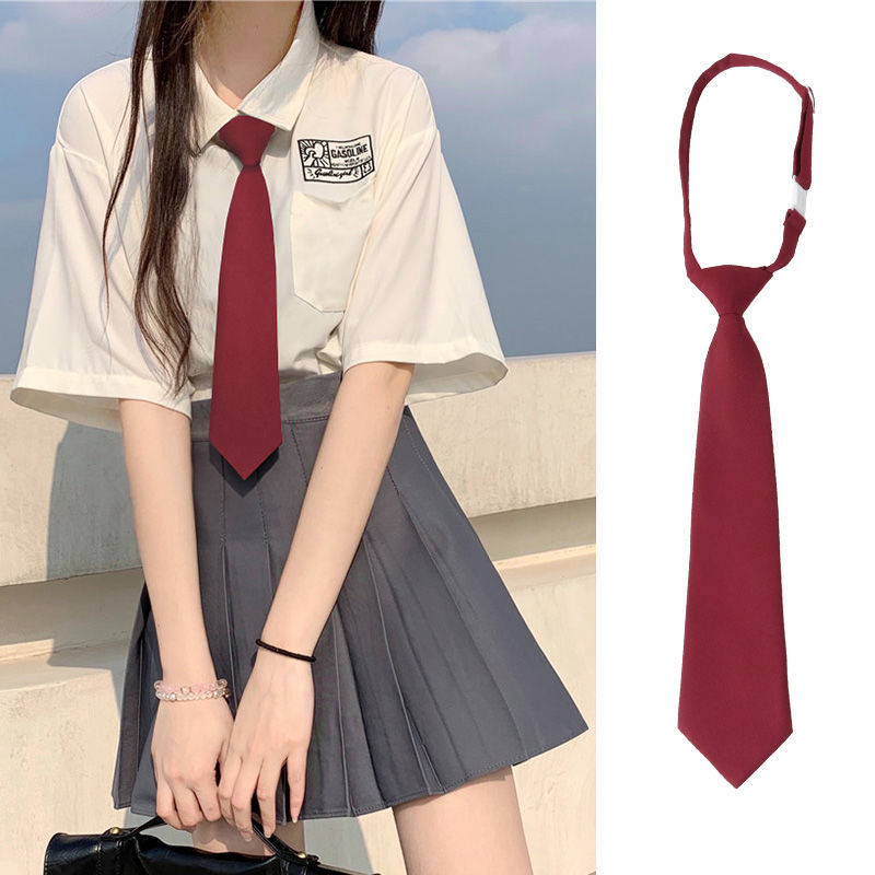 酒红色学院风领带衬衫女生jk学生DK男潮流免打小领带红色纯色领结