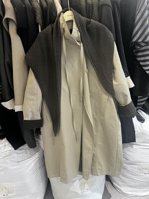 高端欧货休闲风衣2025秋季 针织披肩撞色翻袖立领宽松皮衣外套女