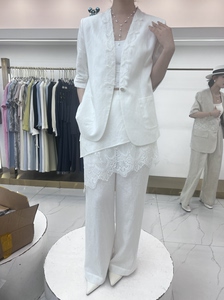 2026夏季新款亚麻天丝蕾丝西装外套高级感屁帘阔腿裤两件套套装