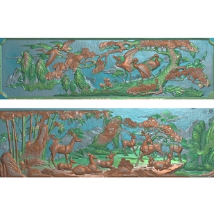 新横版松鹤延年精雕图竹鹿同春扫描图古建筑照壁裙板祠堂长石雕图