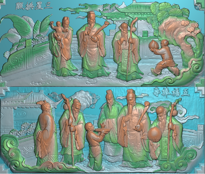 福禄寿喜五福人物精雕图潮汕门楼堵浮雕扫描图古建石雕木雕灰度图