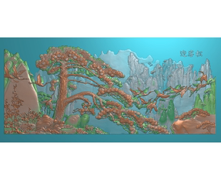 迎客松精雕图石雕木雕影壁墙照壁浮雕图中式古建筑祠堂扫描图松鹤