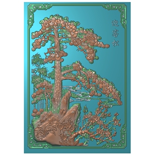 迎客松浮雕精雕图新中式古建筑屏风石雕图木雕图扫描图壁画电脑雕