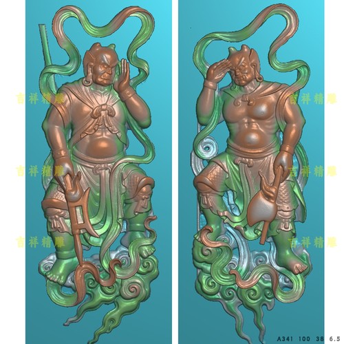 千里眼顺风耳神话人物妈祖神庙寺庙浮雕扫描图精雕图立体灰度图新