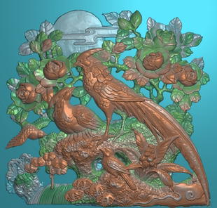 锦上添花精雕图锦鸡玫瑰红花鸟浮雕扫描图古建筑门面门楼电脑雕刻
