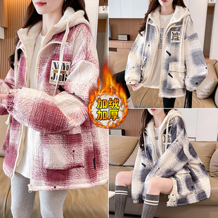 初中生外套女学生加绒加厚假两件连帽外套夹克初高中生青少年学生