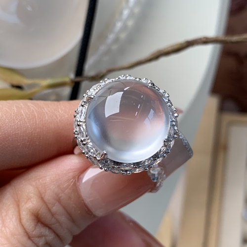 新品纯天然玉石俄冰白冰高冰玻璃种黑刚15蛋面戒指纯银925