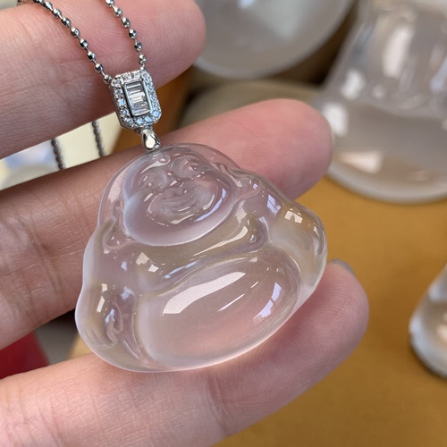 新品纯天然玉石俄冰白冰高冰玻璃种白刚佛公吊坠项链纯银925