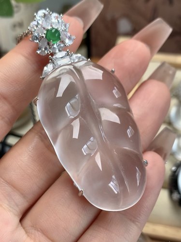 新品纯天然玉石俄冰白冰高冰玻璃种黑刚厚装大叶子项链s925银