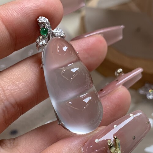 新品纯天然玉石俄冰白冰高冰玻璃种黑刚大福豆吊坠项链s925银