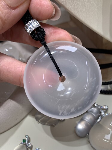 纯天然玉石俄冰白冰高冰玻璃种黑刚雪花棉平安扣吊坠项链s925银