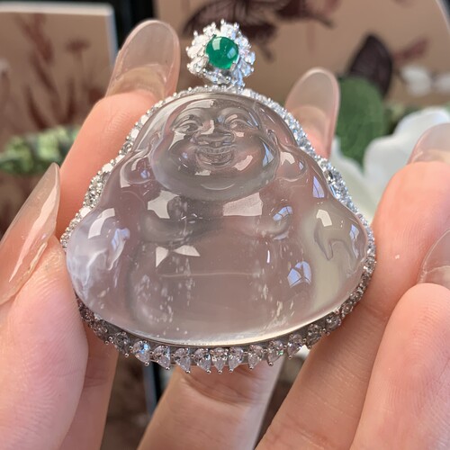 纯天然玉石俄冰白冰高冰玻璃种黑刚雪花棉大佛公吊坠毛衣链s925银