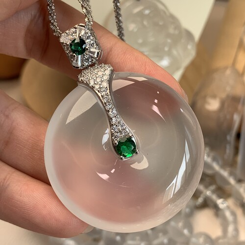 新品纯天然玉石俄冰白冰高冰玻璃种平安扣吊坠项链纯银925