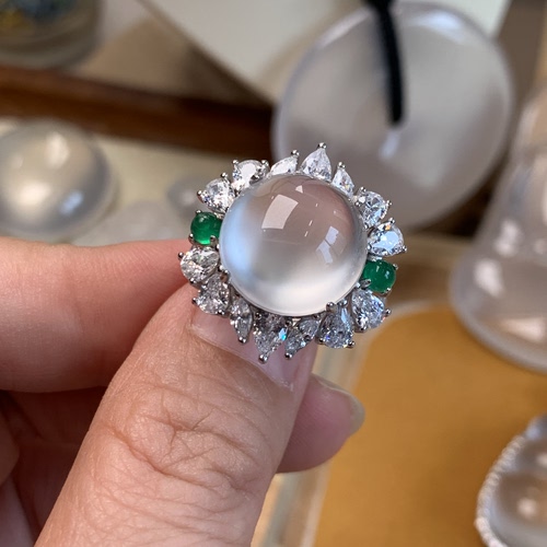 新品纯天然玉石俄冰白冰高冰玻璃种刚蛋豪镶戒指活口纯银925