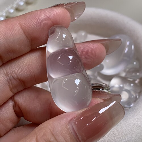 纯天然玉石俄冰白冰高冰玻璃种38黑刚福豆裸石可接定制毛衣链项链