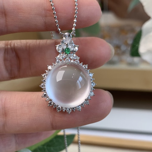 新品纯天然玉石俄冰白冰高冰玻璃种刚蛋豪镶吊坠项链纯银925