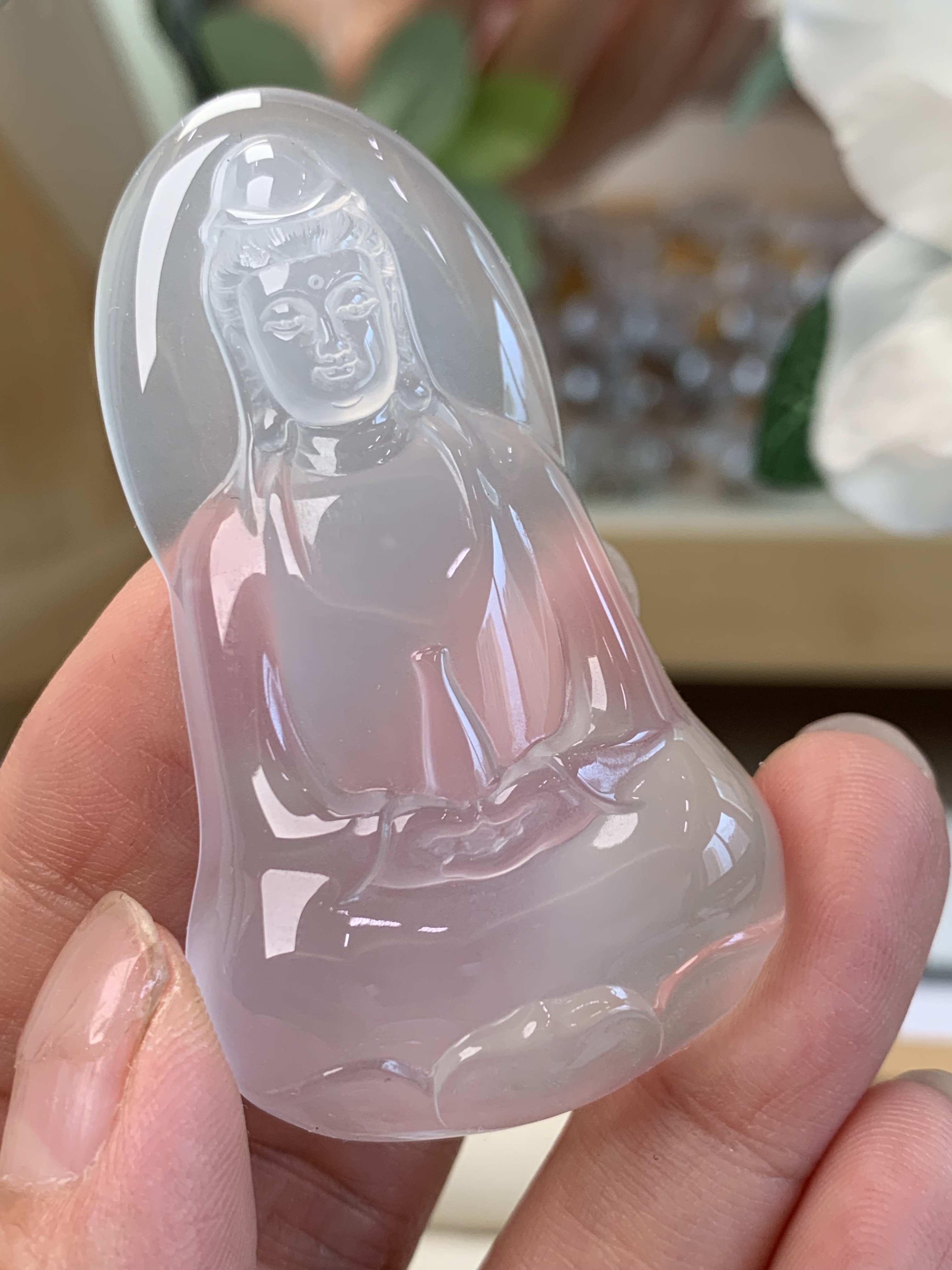 新品纯天然玉石俄冰白冰高冰玻璃种定制观音吊坠项链纯银925