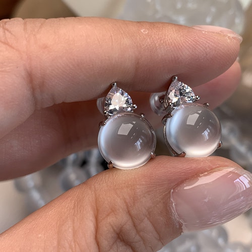 新品纯天然玉石俄冰白冰高冰玻璃种卡10刚蛋耳钉纯银925