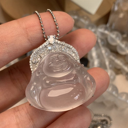 新品纯天然玉石俄冰白冰高冰玻璃种佛公吊坠项链纯银925